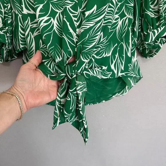 Chicos Tie-Front Green Palm V-Neck Tropical Blouse Green Sz 0 US 4/6 Small - Picture 6 of 11